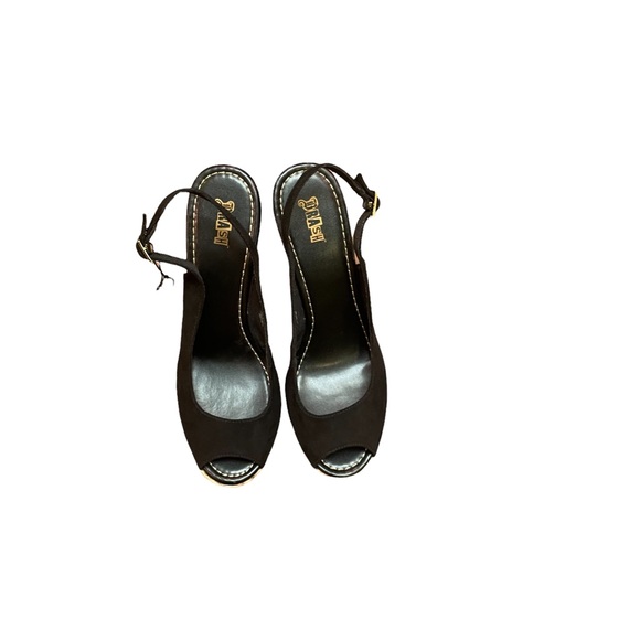 BRASH NWT Black Open-Toe Slingback Wedge Heel Shoes Size 11 - Picture 14 of 15